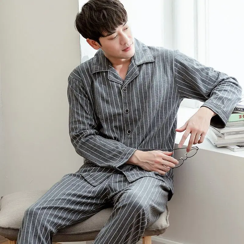 Полосатый мужской пижамный комплект с длинным рукавом, Мужские пижамные комплекты, мужской зимний осенний Ночной костюм, домашняя одежда для геев размера плюс, спальный костюм, штаны