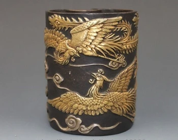 

China Royal Bronze 24K Gold Silver Two Phoenix Pencil Vase Pen Case Brush Pot