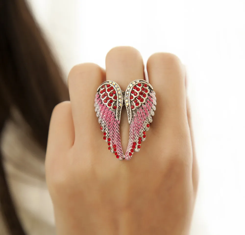 

LMIKNI Punk Vintage Ring Multicolor Angel Wings Ring Elasticity Adjustable Ladies Rings For Women Party Jewelry Accessories Gift