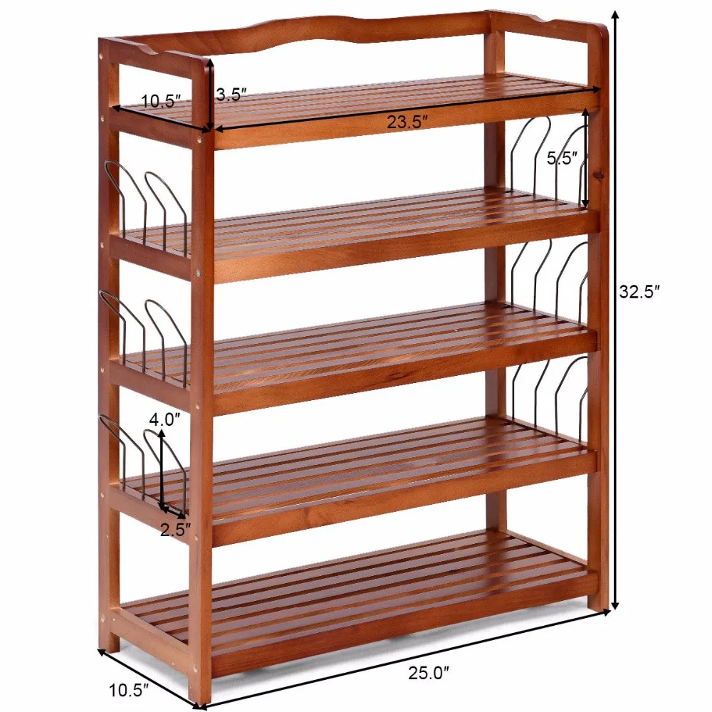 Giantex 5-Tier Wooden Shoe Rack Shelf Storage Organizer Entryway W/ 6 Shoe Stretcher Living Room Furniture HW57486