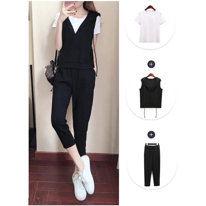 

2019 New three-piece fashion women's casual top vest seven pants sets