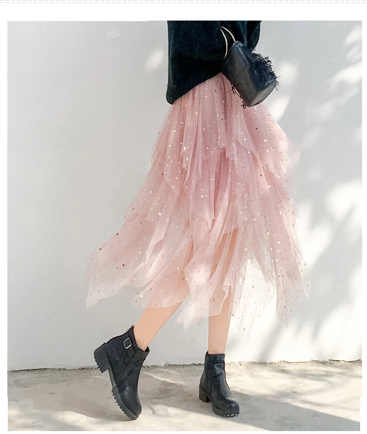 Women's Skirts Summer 2020 New Korean Stars Sequin Elegant High Waist A-line Pleated Elastic Belt School Spring Midi Skirt Femme