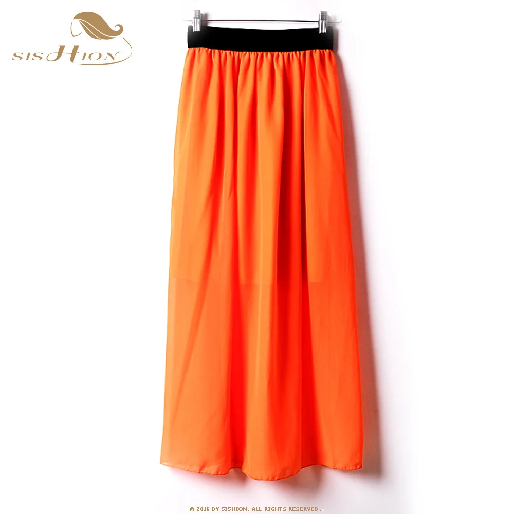 SISHION, женская шифоновая длинная юбка, яркие цвета, черные, белые, красные, плиссированные, пляжные макси-юбки,, весна-лето, юбки VD0378 - Цвет: Оранжевый