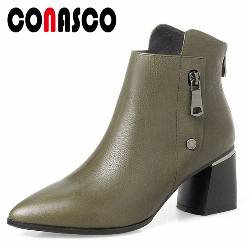 

CONASCO New Fashion Sexy High Quality Genuine Leather Ankle Boots For Women Side Zipper High Heels Warm Shoes Woman Office Pumps