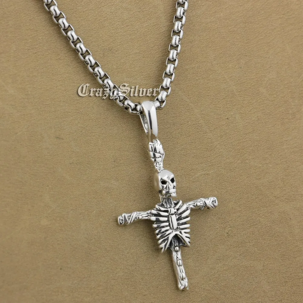 

925 Sterling Silver Upper Body Skull Cross Mens Biker Rocker Punk Pendant 9V011 (Steel Necklace 24 inches)