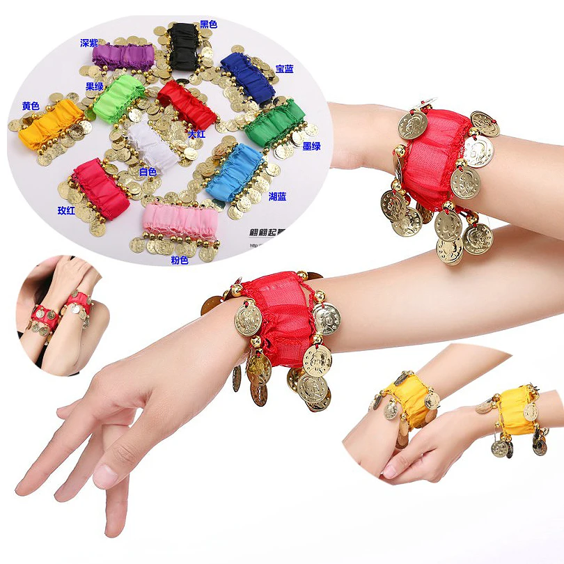 

Ladies Belly Dance Costume Bracelets Stretchy Women Indian Dance Costume Bracelets Chiffon Coins & Beads Free Size