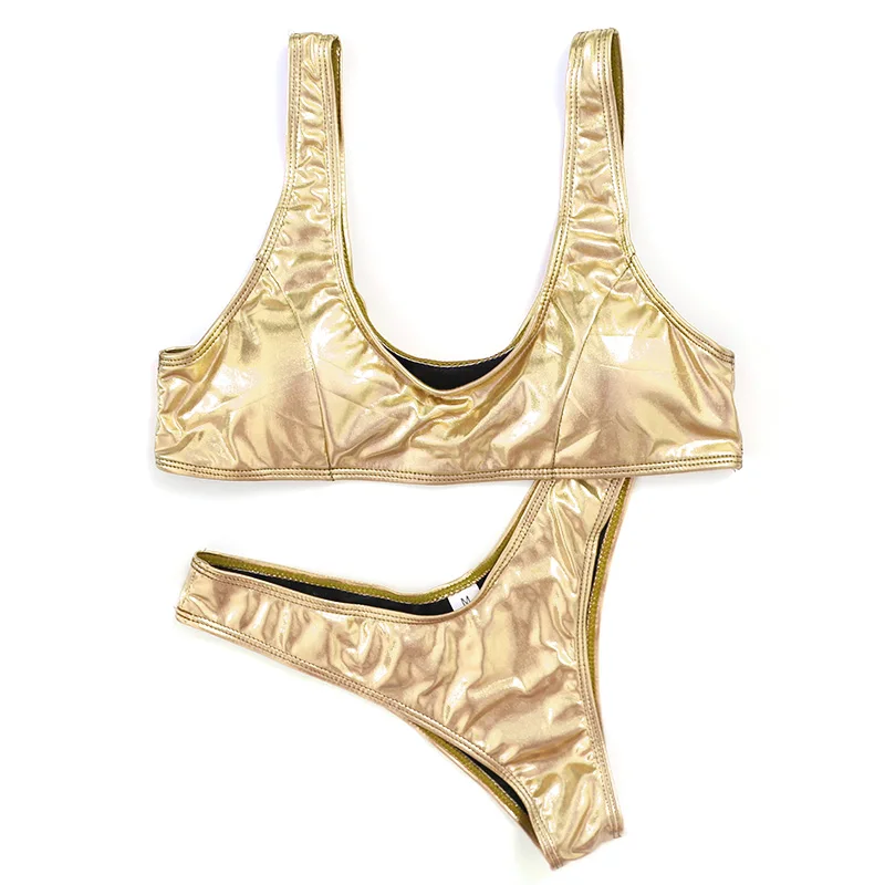 Sexy Shiny Pink/Gold/Silver Metallic Leather Scoop Neck Biquini Bathing Suit Swimsuit Plus Size Swimwear Women Brazilian Bikini