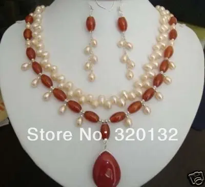 

Pretty Cultured Pearl Red Jade Necklace Earrings Set 18K white gold plated Jewellery Fast shipping