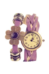 Для женщин ретро ткань Обёрточная бумага цветок Искусственная кожа браслет наручные часы Фиолетовый