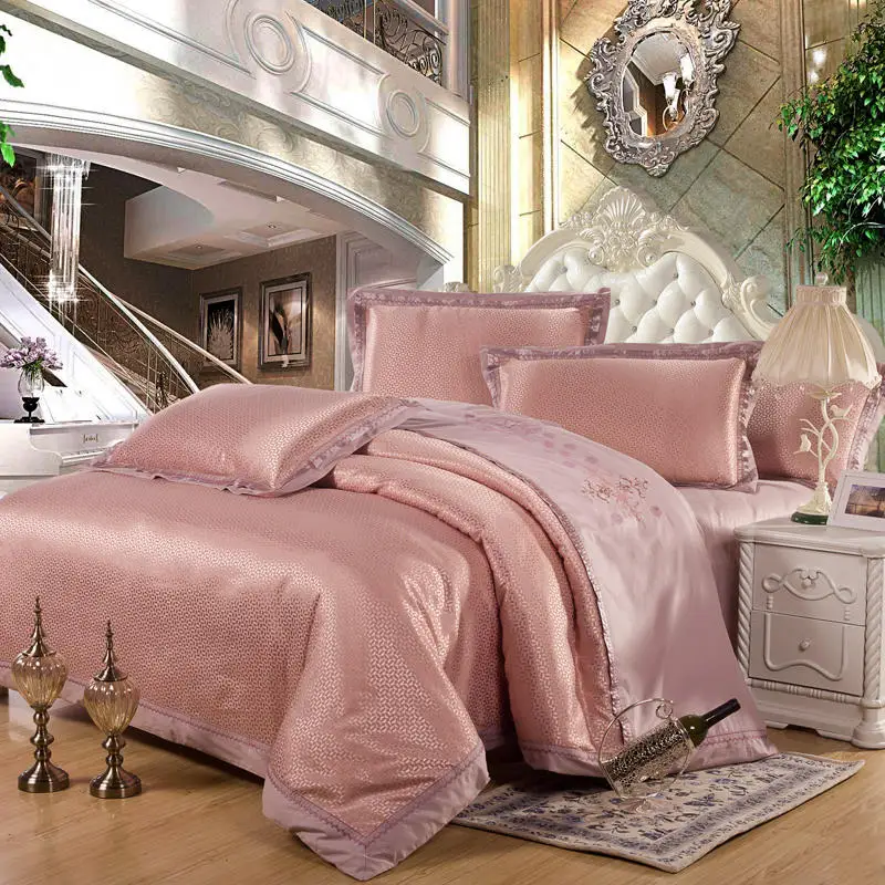 Waliicorners Comfy Bedding Froral Jacquard Satin and cotton King Queen size 4-pieces Bedding Set Luxury, Gray Golden Bedsheet/Fitted shet set 34 115