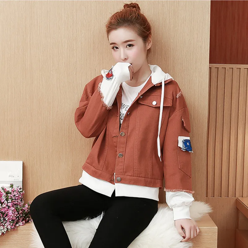 

2018 Spring Women Appliques Denim Hooded Jacket Female White Yellow Fake Two Piece Jacket
