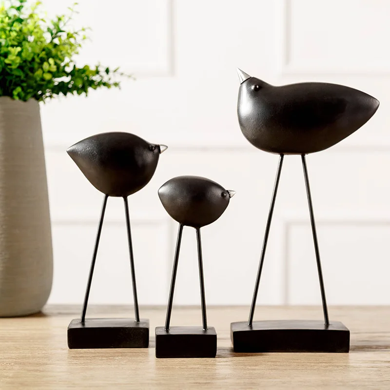 3pcs Nordic Style Resin Black Bird Figurines Home Decor Creative Living