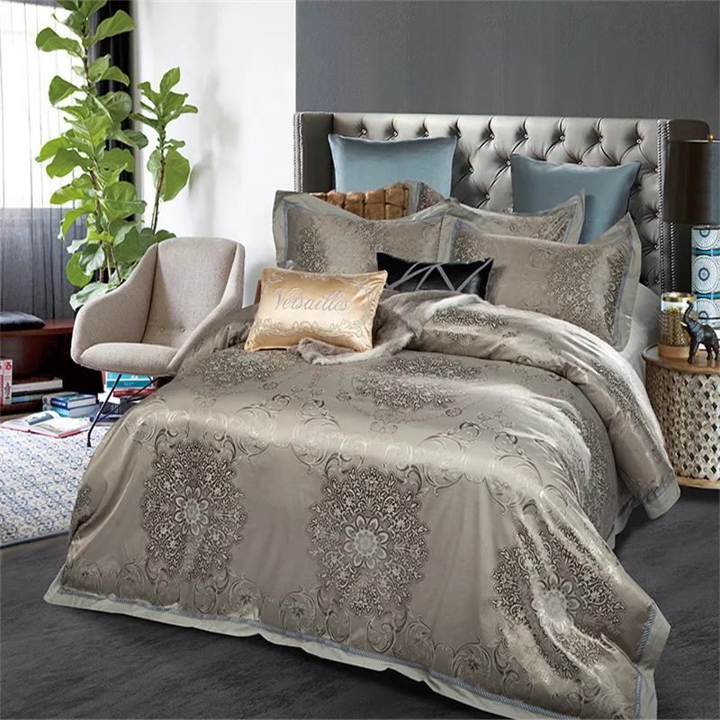 4pc Gray Gold Jacquard Bedding Sets Queen King Size Duvet Cover