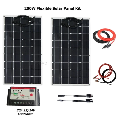 200W комплект солнечных батарей для начинающих гибкие монокристаллические солнечные панели+ 20A светодиодный Солнечный контроллер+ кабель+ Y Тип MC4 разъем
