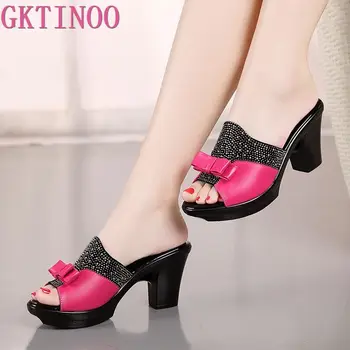 

GKTINOO 2020 SUMMER GENUINE LEATHER WOMEN SANDALS DIAMOND SOFT FACE BOW MOTHER SLIPPERS PLATFORM ANTISKID SANDALS SLIPPERS