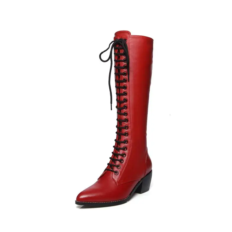 MORAZORA/ Новая натуральная кожа колено высокие сапоги Женская мода на шнуровке квадратный Обувь на высоком каблуке с острым носком; зимние ботинки для женщин - Цвет: Красный