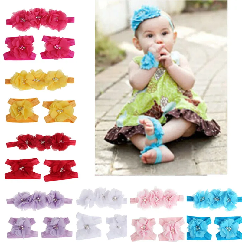

Hot Sale Baby Girl Elastic Hairband Children Hair Wear Colorful Foot Flower Barefoot Sandals + Headband Set