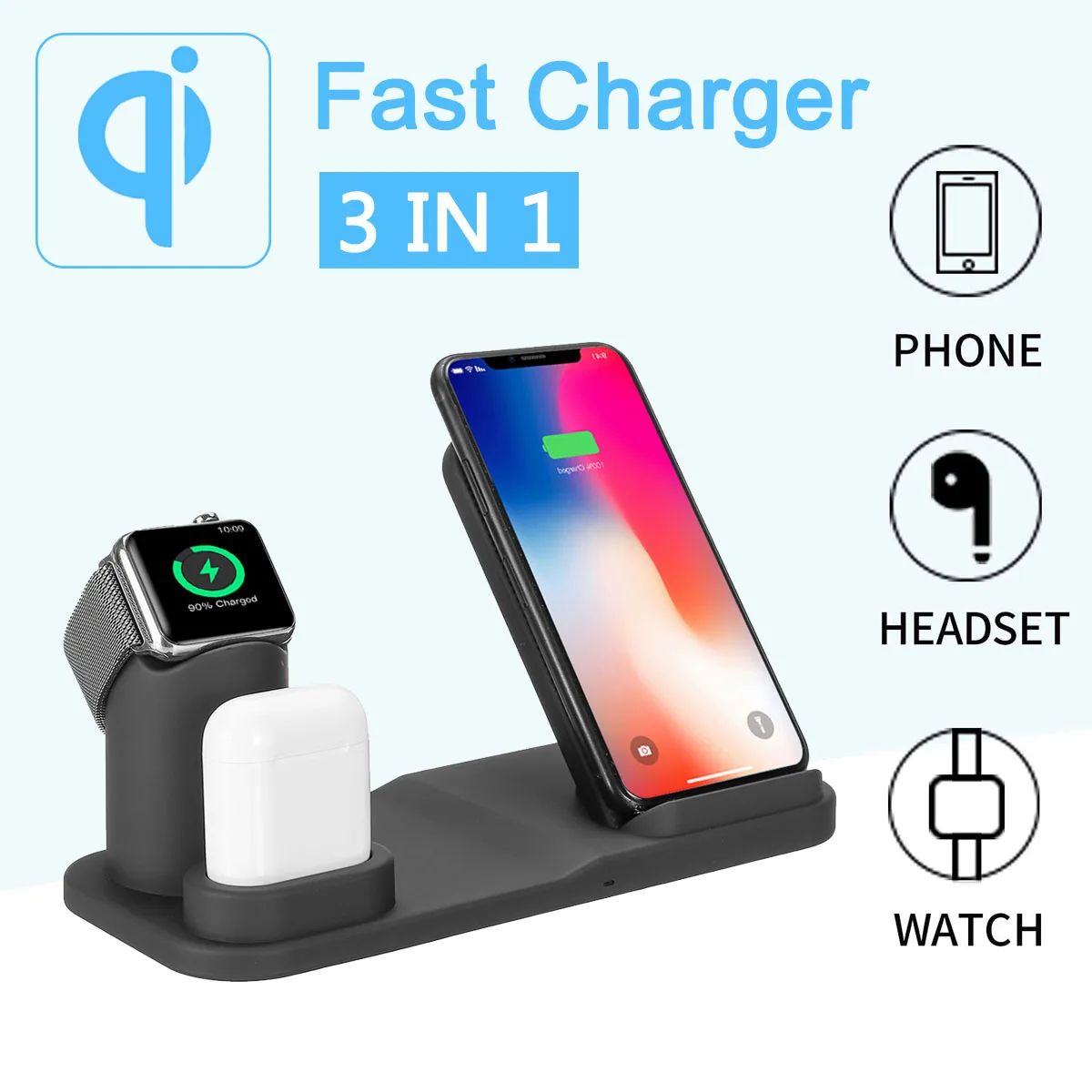 

3 in 1 10W Fast Charging QI Wireless Charger Mount Phone Holder Stand For iPhone for Samsung for Airpod for Apple Watch Charger