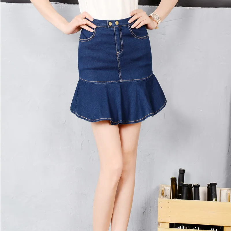 

Free Shipping 2015 New Fashion Mermaid Style Fish Tail Short Mini Skirt For Women Summer High Waist 26-40 Plus Size Denim Skirts
