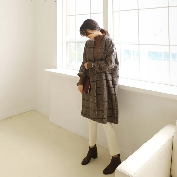 UK Женское шерстяное пальто осень зима Cassic простое длинное клетчатое пальто кардиган тренчкот шерстяное пальто универсальные винтажные размера плюс