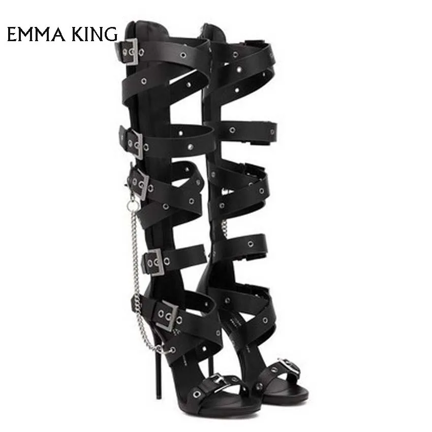 

EMMA KING Spring /Summer Factory new solid buckle chain high heel sandals sexy Banquet /Party shoes woman Plus Size 35-43