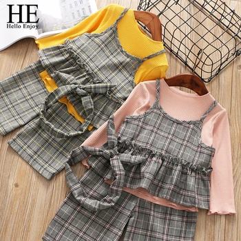 

HE Hello Enjoy Children Clothing Sets Kid Autumn Winter Suit Girls Knit Condole Belt Plaid Tops+Wide Leg Pants 3PCS Outfits