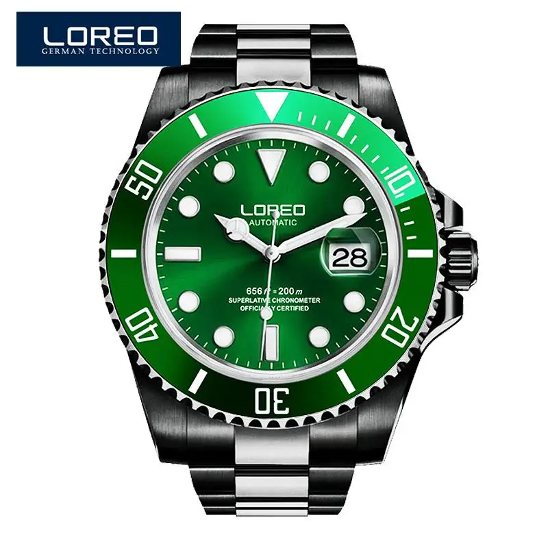 

LOREO top fashion brand men's watch waterproof automatic luminous stainless steel sapphire diamond elegant diver's sport watch