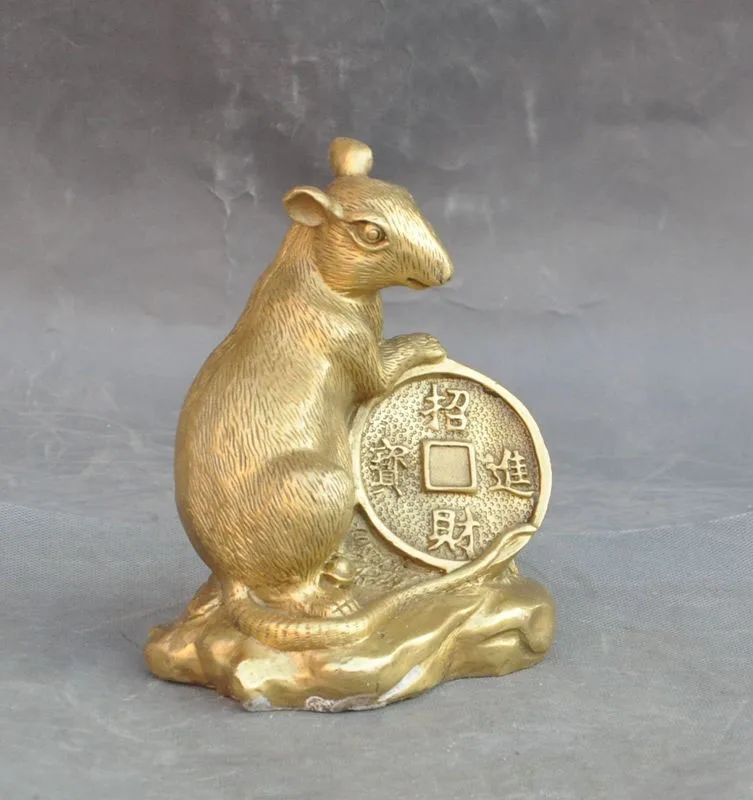 

Crafts statue Lucky Chinese Brass Fengshui Wealth yuanbao money Coin Mice Rat Mouse Statue halloween