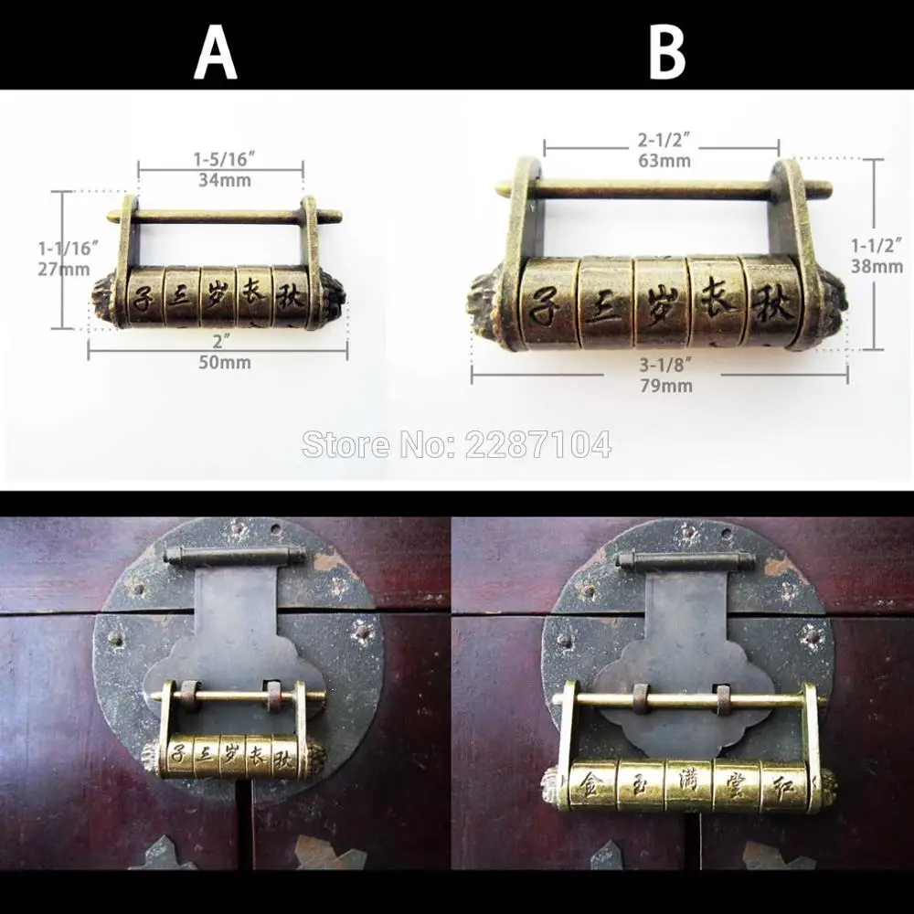 

Decor Vintage Beonze Antique Brass Chinese Old Look Style Furniture Jewelry Chest Wooden Box Cabinet Code Password Lock Padlock