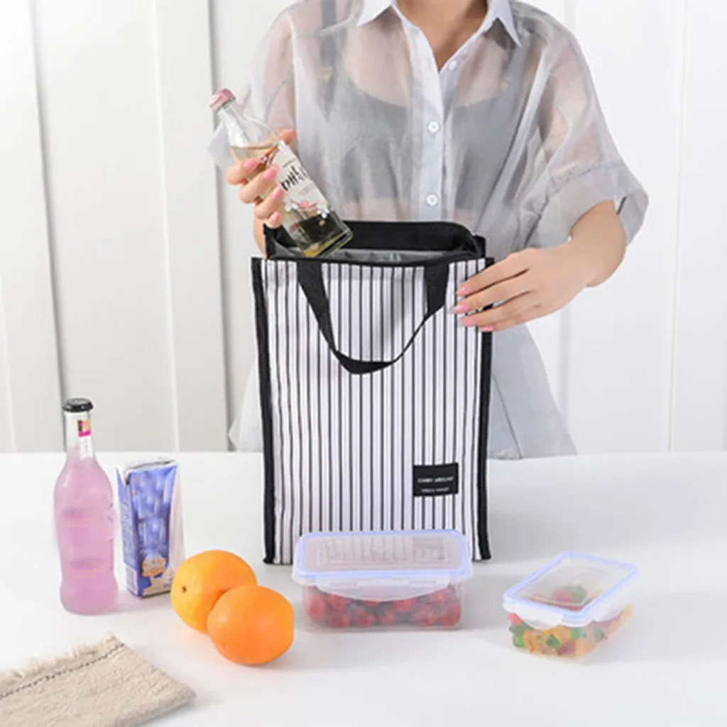 

White Stripes Portable Thermal Lunch Bags for Women Kids Men Food Picnic Cooler Box Insulated Tote Bag Storage Container G3088