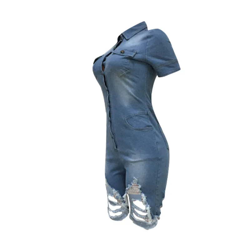 2019 женский джинсовый комбинезон с пуговицами, с коротким рукавом и дырками, винтажный комбинезон выше колена, повседневный костюм junpeuit
