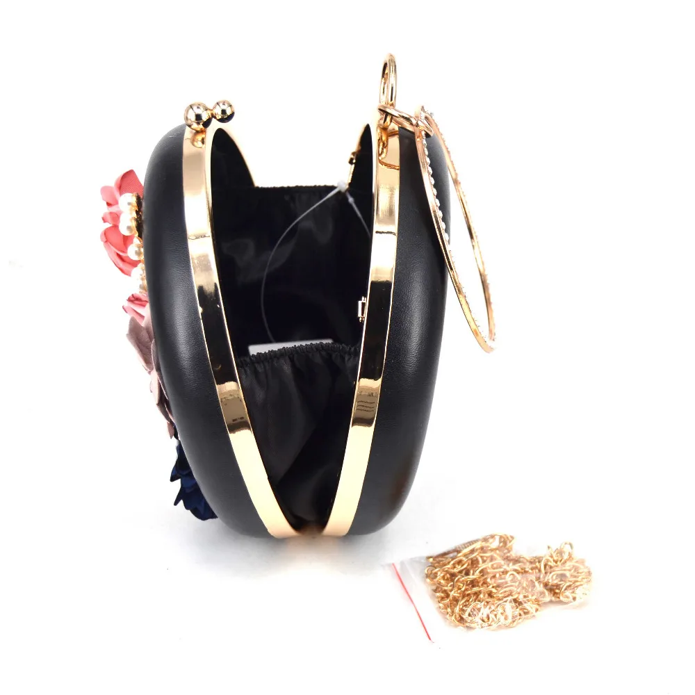 Circular pu Flower Women Clutch Evening Bag Lovely Black Wristlets Floral party Bag Wedding pochette Female Handbag x55