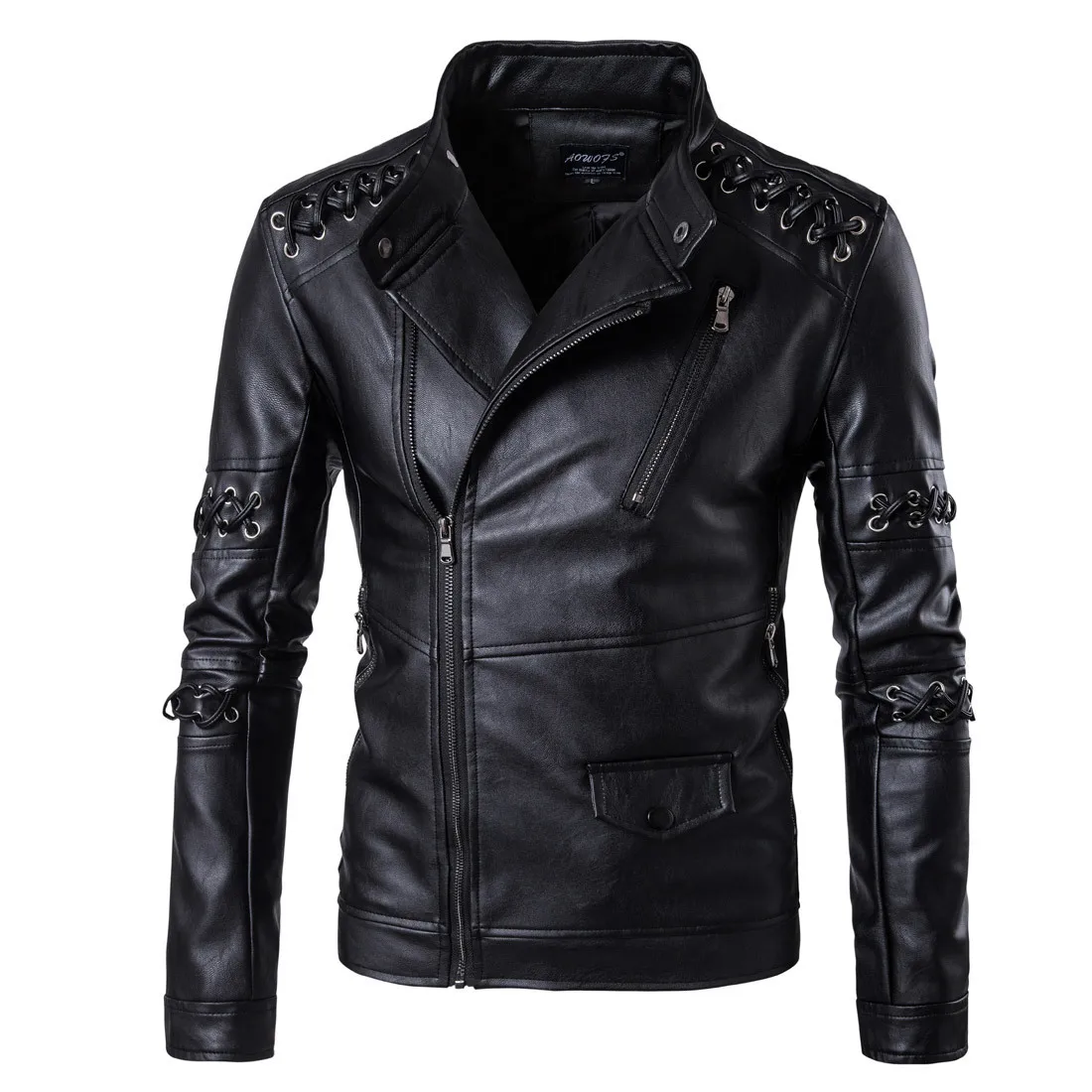 Leather Jackets Men Spring New Criss Cross Strings Punk Leather Jackets