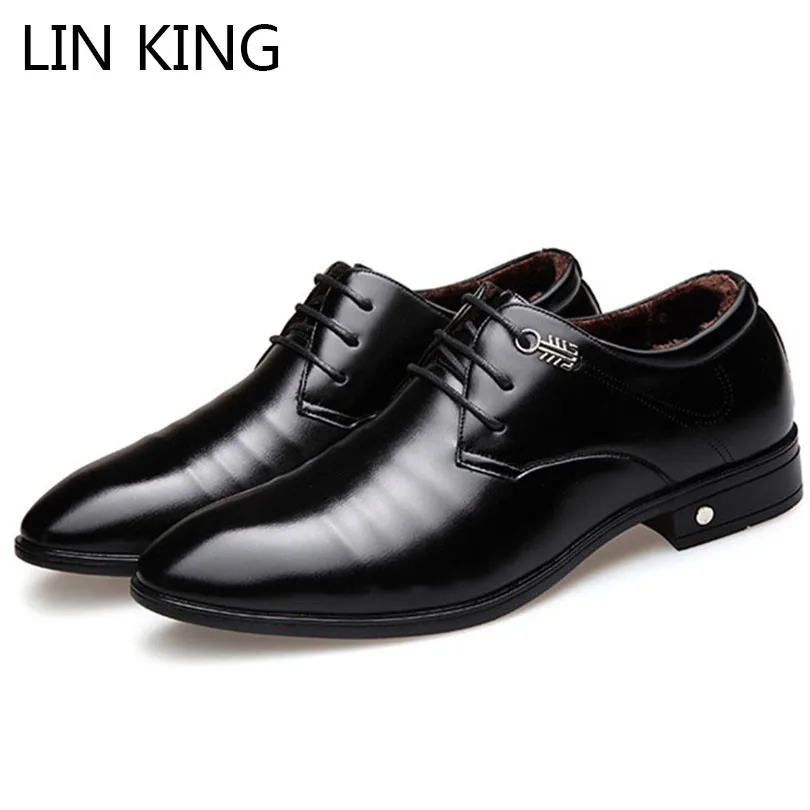 

LIN KING Black Men Leather Shoes Warm Winter Business Formal Shoes Pointed Toe Party Wedding Dress Shoes Lace Up Man Cotton Shoe