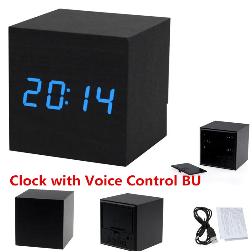 

Digital LED Black Wooden Wood Desk Alarm Brown Clock Voice Control BU Displaying dempeterature Power Saving Dual Power Supply