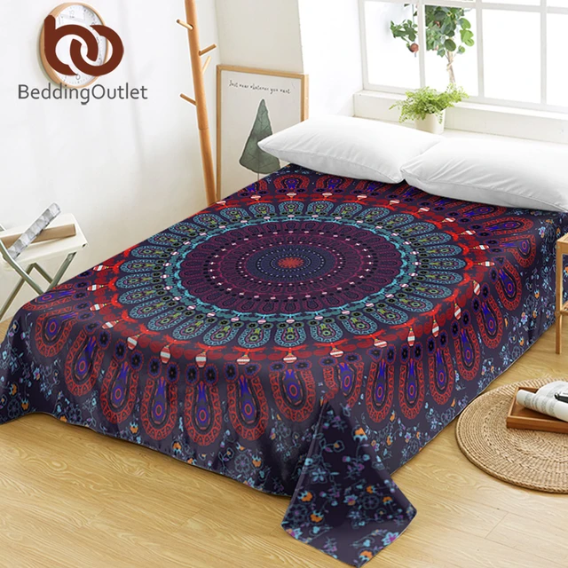 BeddingOutlet Mandala Queen Bed Sheets One Piece Purple Blue Flat