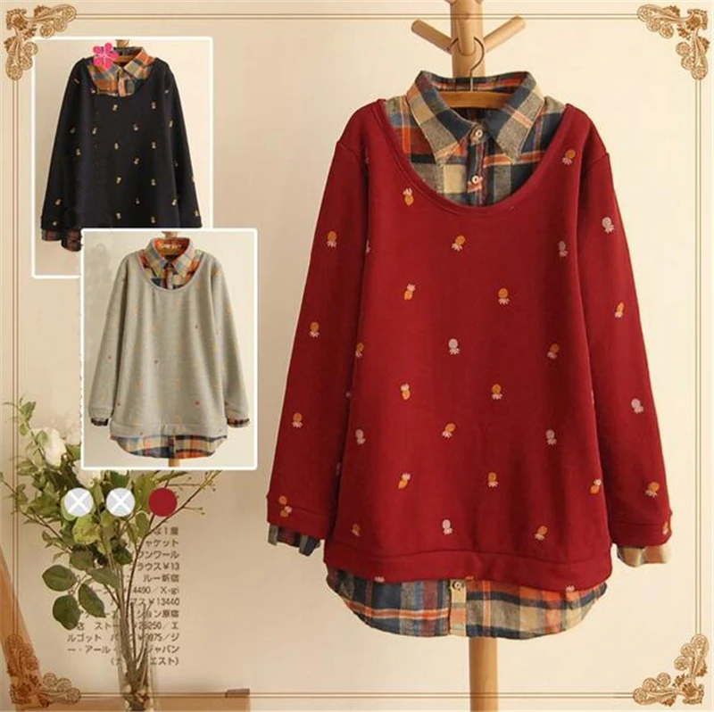 

AREALNA 2018 autumn kimono fake two plaid women Sweatshirt pineapple Printed Hoodies mori girl Pullovers moletom feminino 4XL