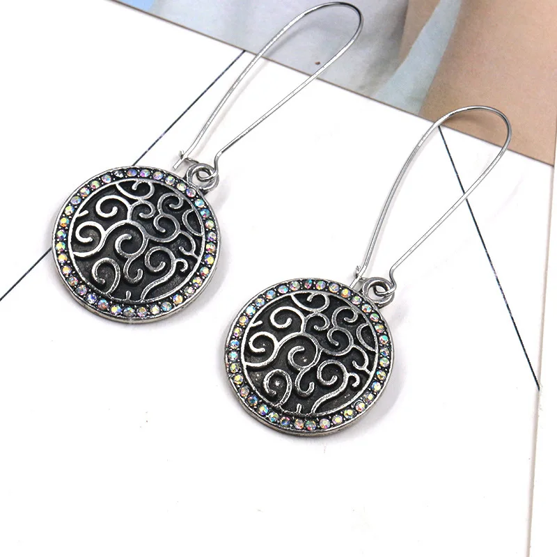 

Fashion retro environmentally friendly alloy color reflective rhinestone round engraving pattern old long women's earrings