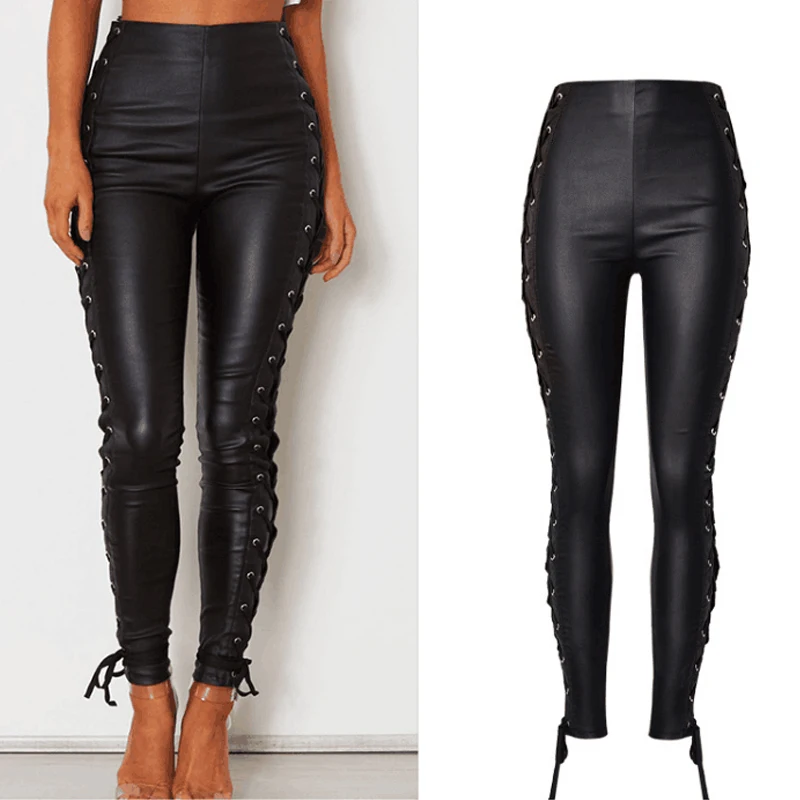 

Stylish PU Leather Coated Jeans Sexy Women High waist Denim Pencil Pants Female Lace Up Jeans Trousers