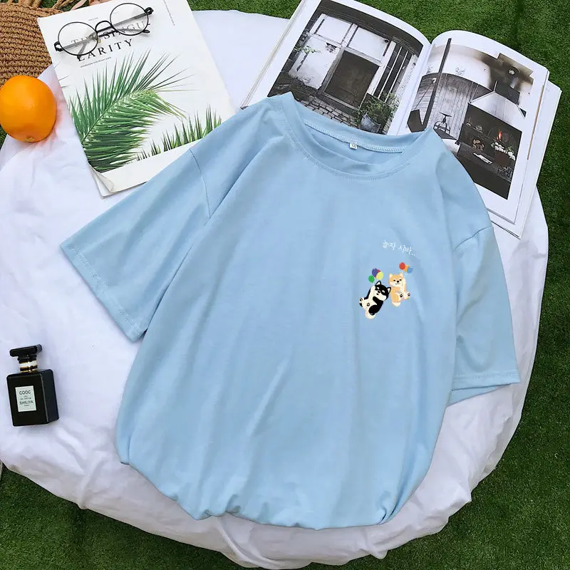 Лето каваи Шиба футболка Повседневная Женская короткий рукав Harajuku милый мультяшный принт Топы Рубашки уличная Tumblr Корейская одежда - Цвет: Синий