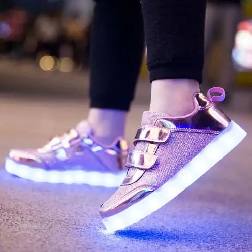 

25-37 Size USB Charging Basket Led Children Shoes With Light Up Kids Casual Boys&Girls Luminous Sneakers Glowing Shoe Pink Gold