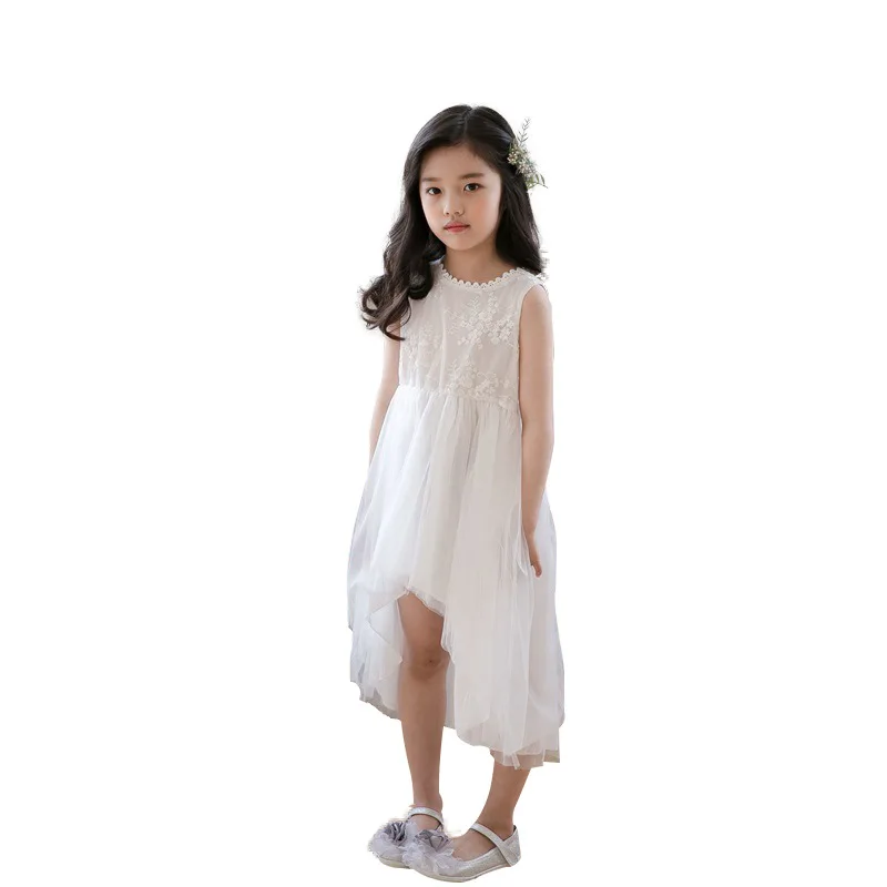 

New Elegant Lace Sleeveless Princess Girls Dovetail Dress Kids Children Embroidery Flower White Birthday Party Prom Dress CA831
