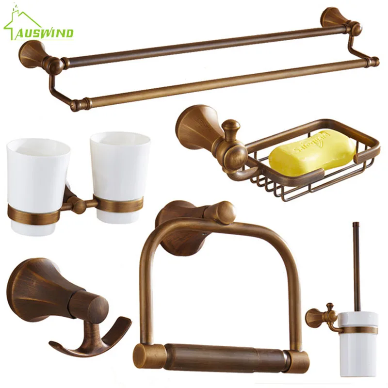 Antique Brushed Solid Brass Bathroom Accessories European Wall Mounted