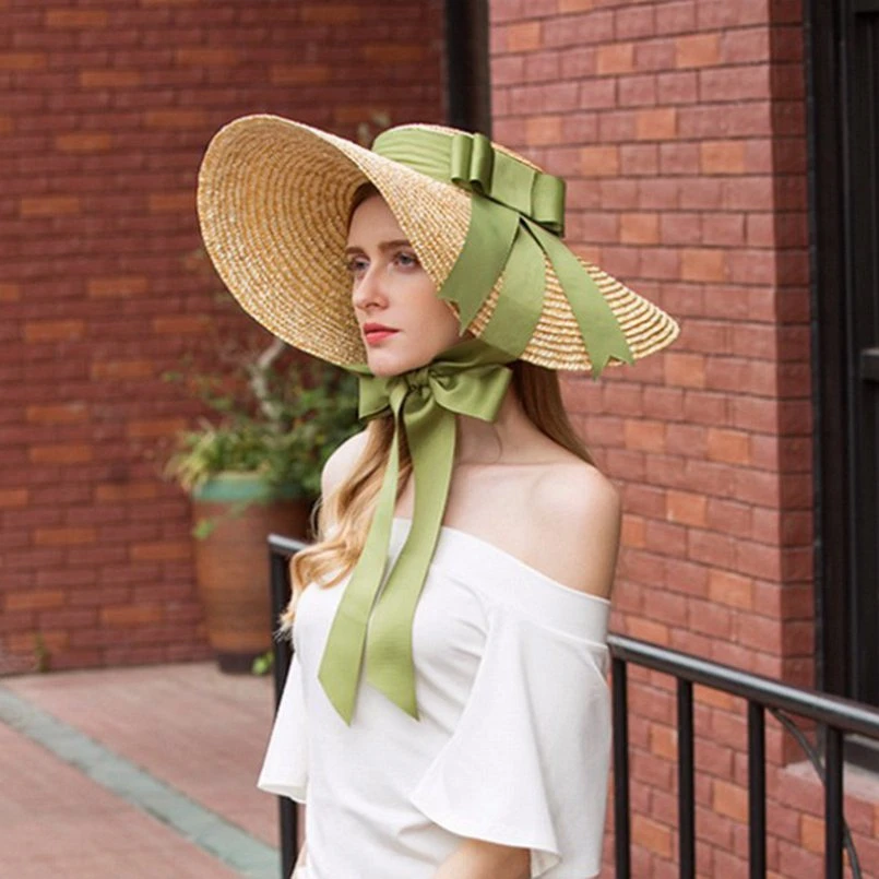 GEMVIE Fashion Straw Hat in Women Quality Large Wide Brim Woven Sun With Ribbon Bow Lady Elegant Beach Panama Hat|Женские пляжные