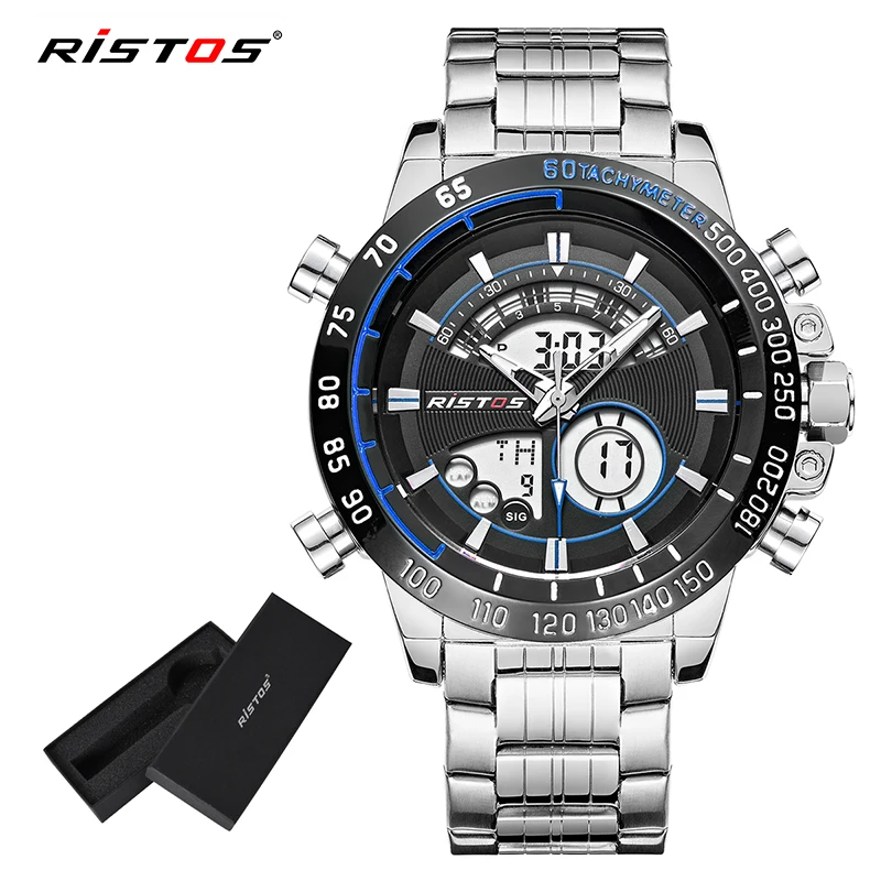 Мужские спортивные часы RISTOS из нержавеющей стали, аналоговые кварцевые наручные часы, многофункциональные часы с хронографом, мужские часы, модные мужские часы 9339