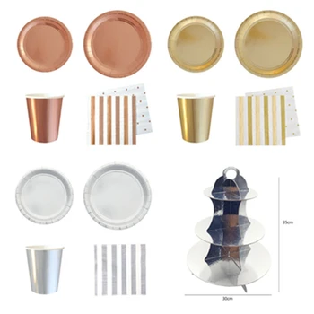 

32Set Disposable Tableware Sets Gold & Silver Paper Plates Cups Straws Cupcake Wrappers Stand Napkins for New Year Bridal Shower
