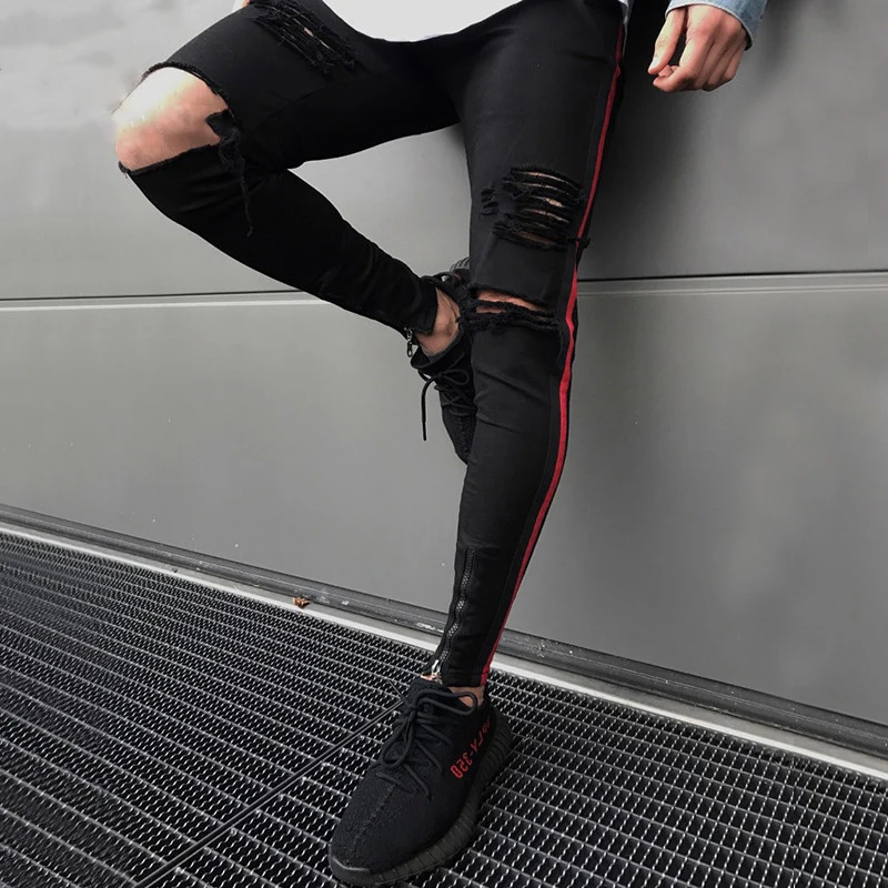 Men HIP HOP skinny motorcycle denim pants Ankle zipper designer black jeans mens pantalones vaqueros hombre Biker jeans men