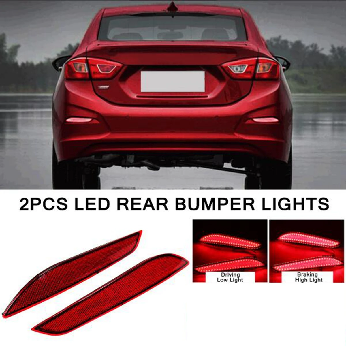 2x LED Rear Bumper Reflector Tail DRL Brake Lights for Chevrolet Cruze