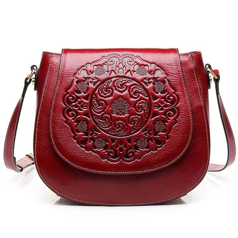 Женские сумки на плечо из натуральной кожи в стиле ретро с тиснением в китайском стиле, круговой слинг, сумка через плечо, сумка-тоут - Цвет: Red