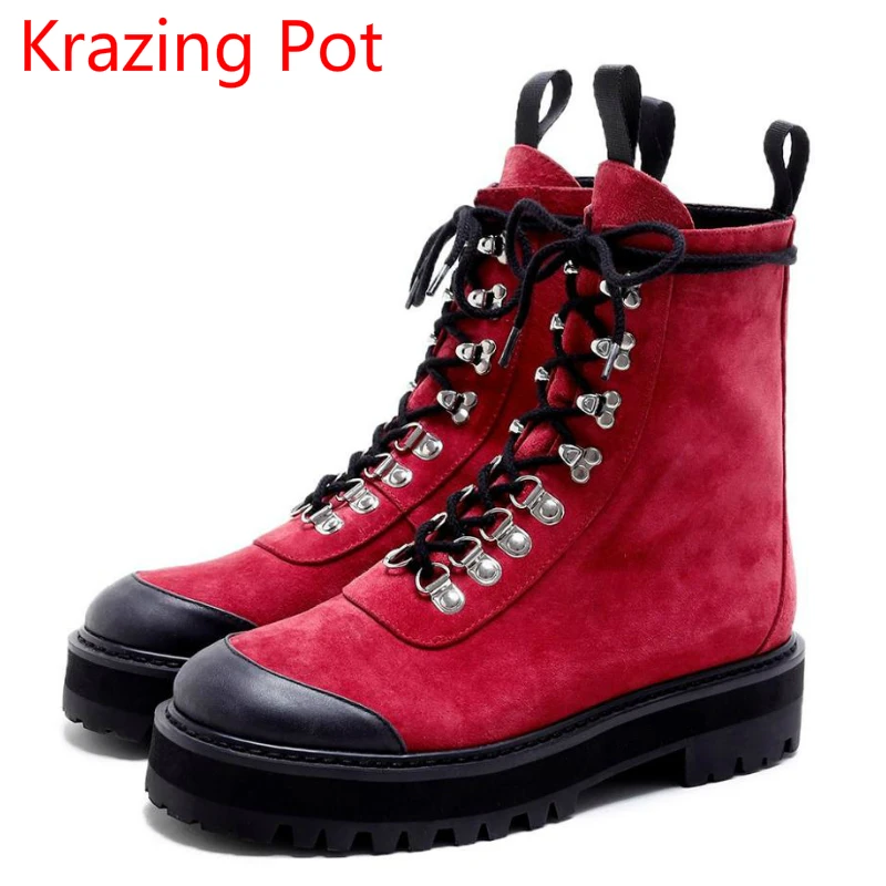 

2018 New Arrival Genuine Leather Lace Up Motorcycle Boots Thick Heel Chelsea Boots Runway Mixed Colors Women Mid-calf Boots L82
